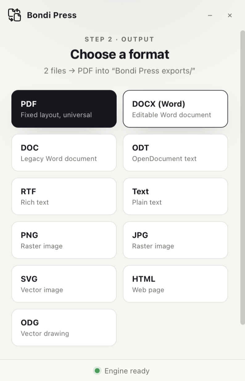 Choosing an output format in Bondi Press